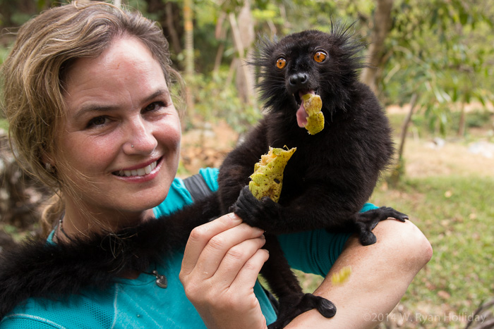 Audrey and black lemur in Nosy Komba